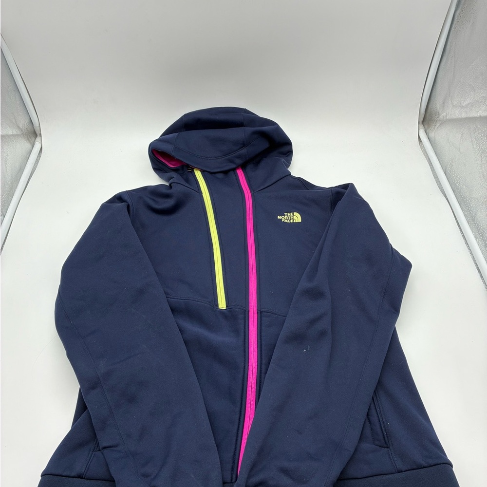 The North Face Navy Hoodie with Neon Pink & Yellow Zippers, L